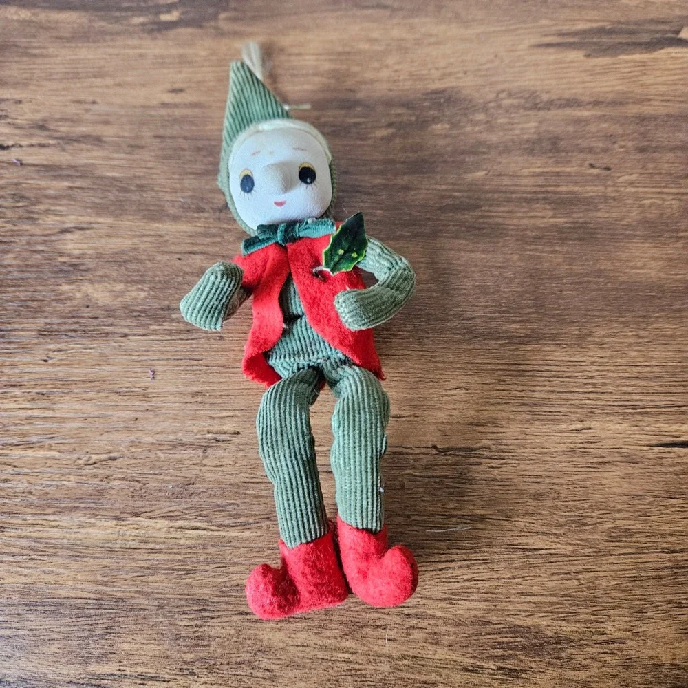 Vintage Japan Elf Doll Ornament Christmas‎ Decoration Green Corduroy Sit Hang